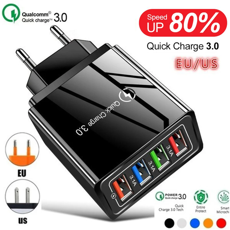 Usb 4 Hole Quick Charge 3.0 For iPhone Charger Wall Fast Charging For Iphone Samsung Xiaomi Huawei Mobile Phone Charger Adapter