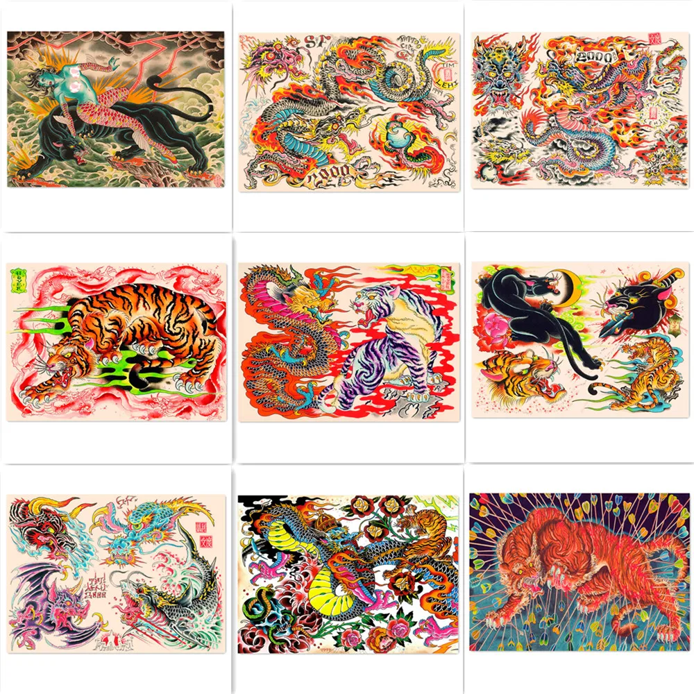 

Japanese Ukiyo-e Art Painting Vintage Print Art Sticker Wall Decor Mural Dragon VS Tiger Black Panther Tattoo Posters and Prints