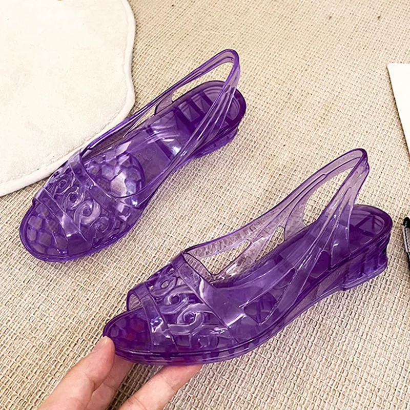 

Women's Summer Jelly Crystal Fashion Single Shoes Middle Heel Plastic Sandals Casual Shallow Mouth Comfortable Hollow Fish Mouth