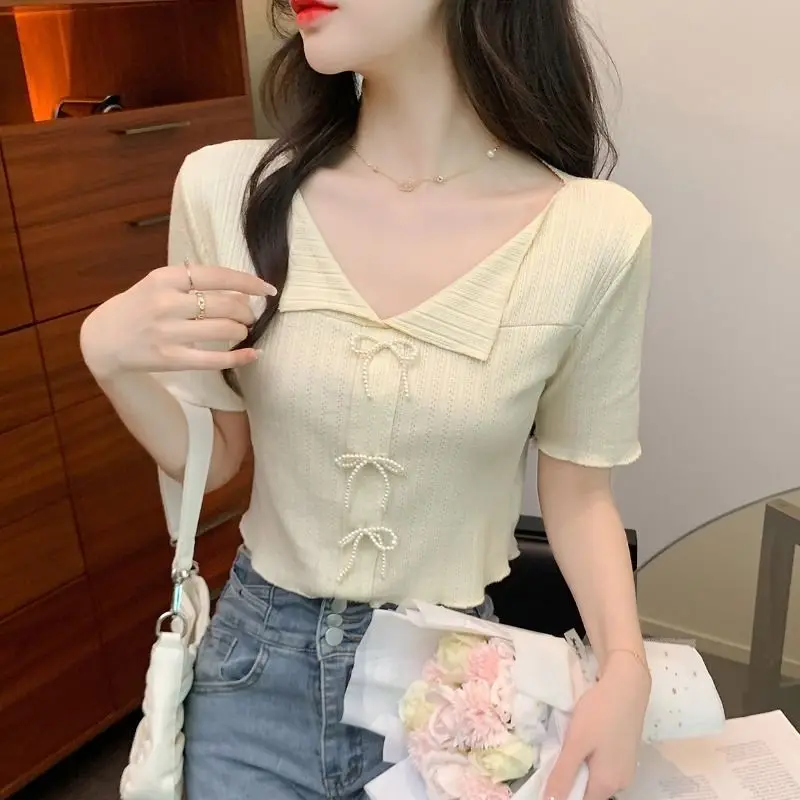 Женская рубашка с бантом и V-образным вырезом свободного покроя