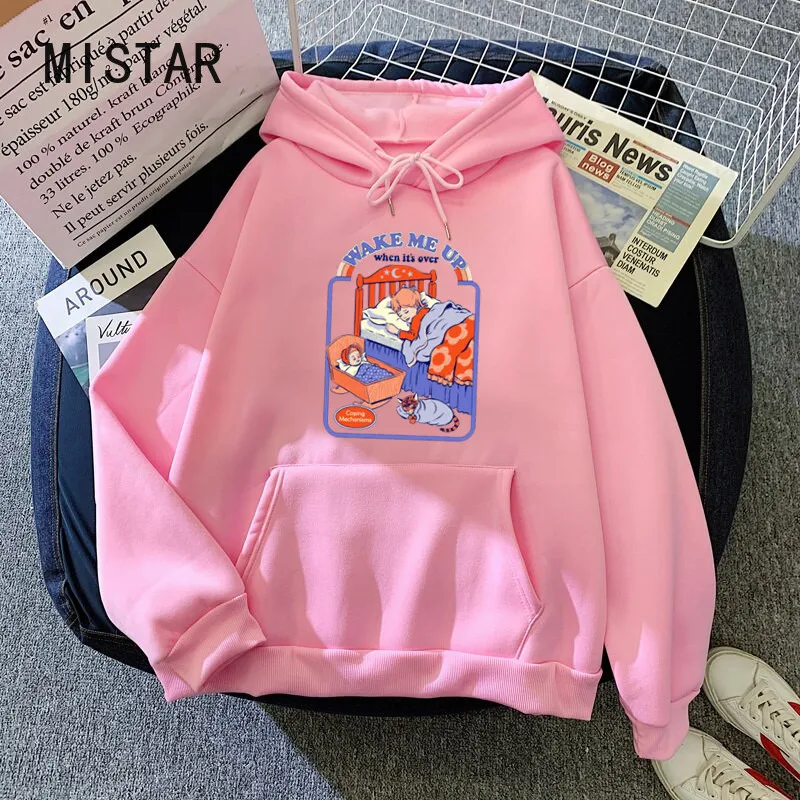 

Pink Tops Hoodies Women Oversized Harajuku Sweatshirts Printed Funny Wake Me Up Cartoon Hoodie Long Sleeve Women's Clothes