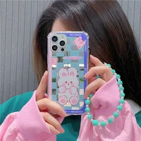 cute animal rabbit grid pattern with lanyard girl soft case for iphone 11 12 13 pro max 7 8 plus xr x xs anti drop cover fundas
