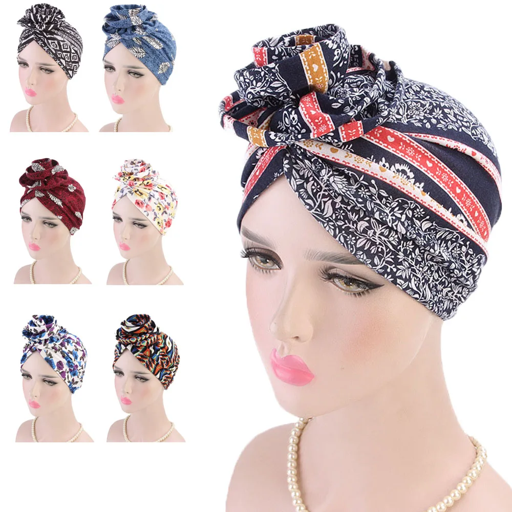 

2023 New Bohemia Soft Stretchy Print Africa Hijab Caps Muslim Wrap Head Turban Hat Fashion Headtie Chemo Bonnet Ready To Wear