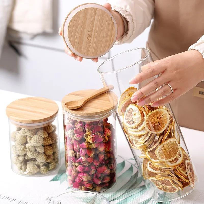 

Wood Glass Airtight Jars Lids Cereal Organizer Kitchen Food Transparent Pantry Canisters Bamboo Container Storage With