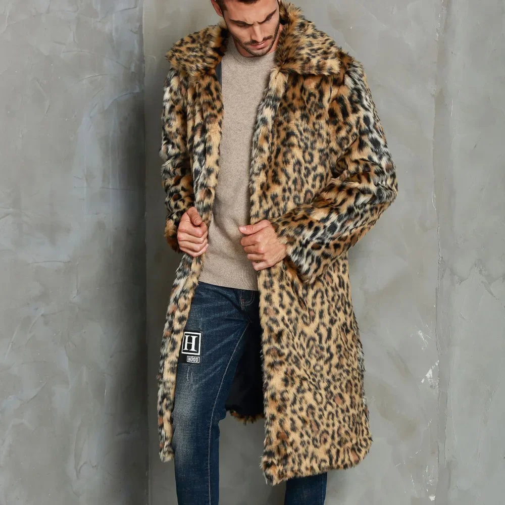 Мужская длинная шуба из искусственного меха пальто с воротником лацканами и