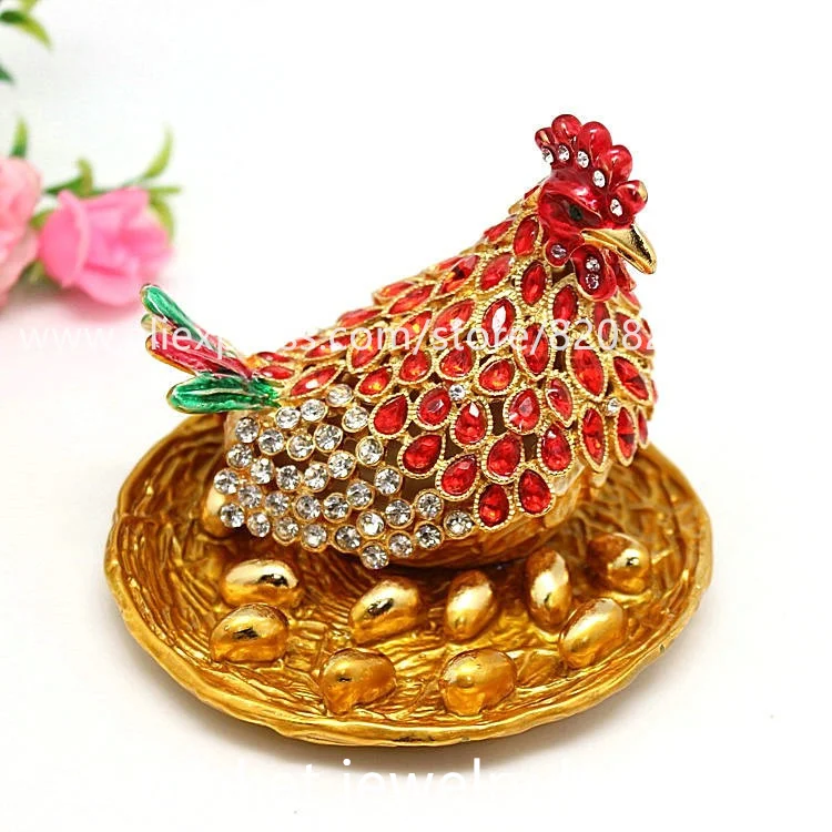 Big Rhinestones Chicken Metal Jewelry Box Chicken with Egg Metal Crafts
