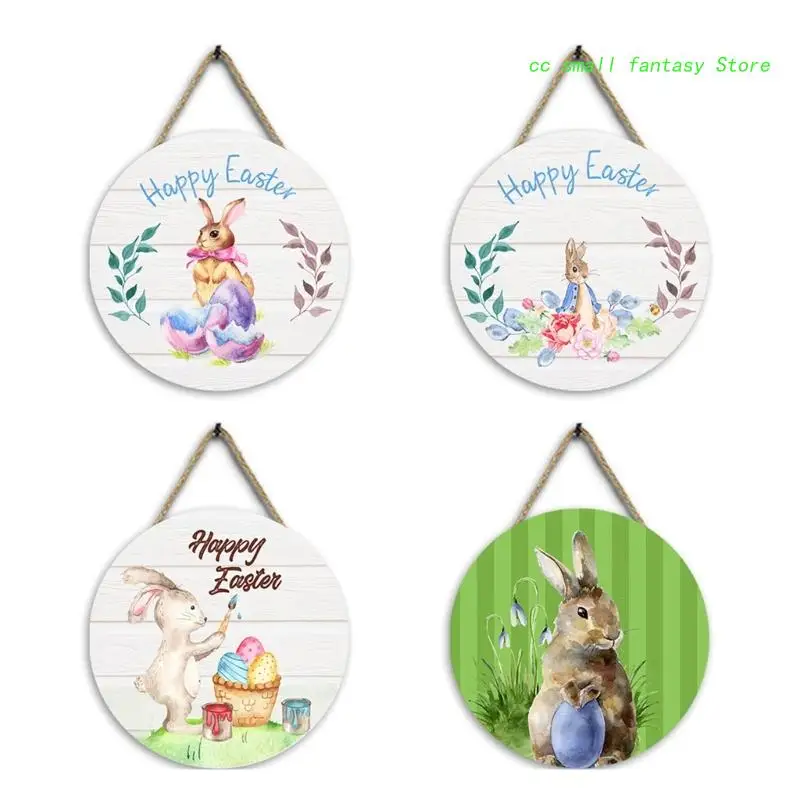 

Happy Easter Hanging Sign Rabbit Painting for Front Door Easter Door Sign