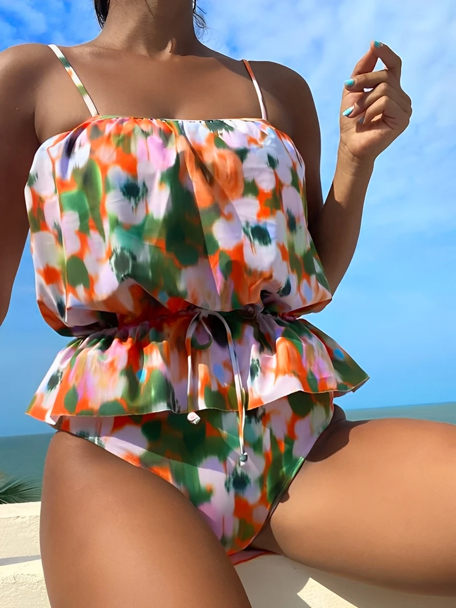 

Tie Dye Tankini Set Drawstring Ruffle Top & High Waisted 2 Piece Swimsuit 2023 Swimwear Women Bathers Bathing Swimming Suit