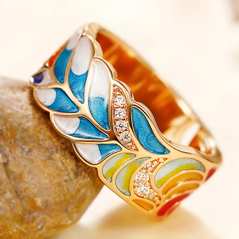 

Huitan Newly Designed Colored Enamel Women Rings for Party Aesthetic Pattern Luxury Gold Color Rings Fancy Gift Fashion Jewelry