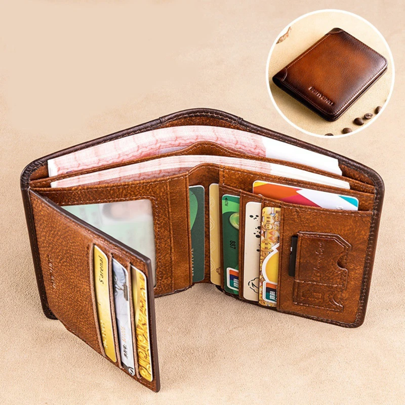 Men Wallet Genuine Leather Rfid Blocking Trifold Wallet Vintage Thin Short Multi Function ID Credit Card Holder Male Purse Money