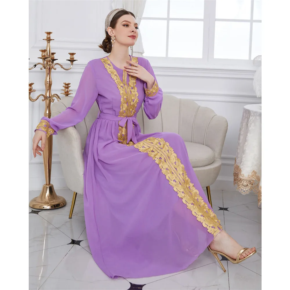 

Middle East Lace Chiffon Maxi Dress for Women Elgeant Evening Party Casual Dresses Muslim Abaya Dubai Turkey Kaftan Belted Robe
