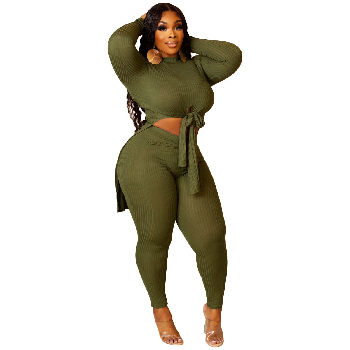 Plus Size Women Sets Ribbed Bandage Long Tops And Pants 2022 Fall Two Piece Sets Female Designer Cloth Casual Tracksuit Outfits
