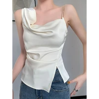 qoerlin korean fashion split irregular pleated camisole chain design backless tank top solid beige black sleeveless vest female