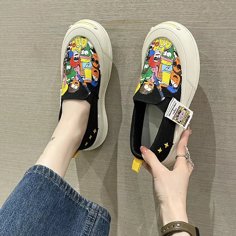 SENDNAKAI Women's Korean Edition Graffiti Canvas Shallow Mouth Single Shoes Round Toe Fish Mouth Sports Casual Shoes Breathable