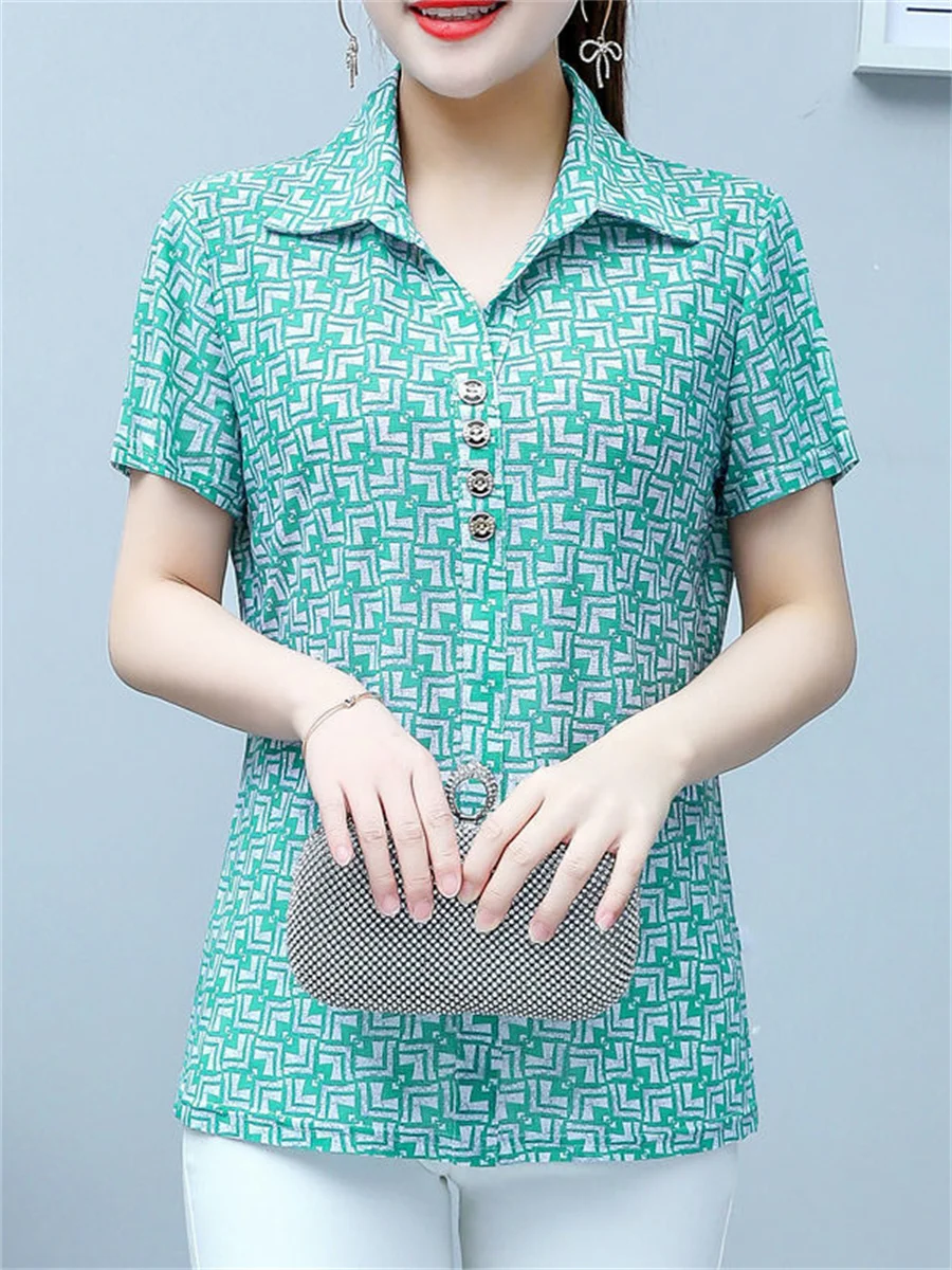 

5XL Women Spring Summer Blouses Shirts Lady Fashion Casual Short Sleeve Turn-down Printing Blusas Tops TT2104