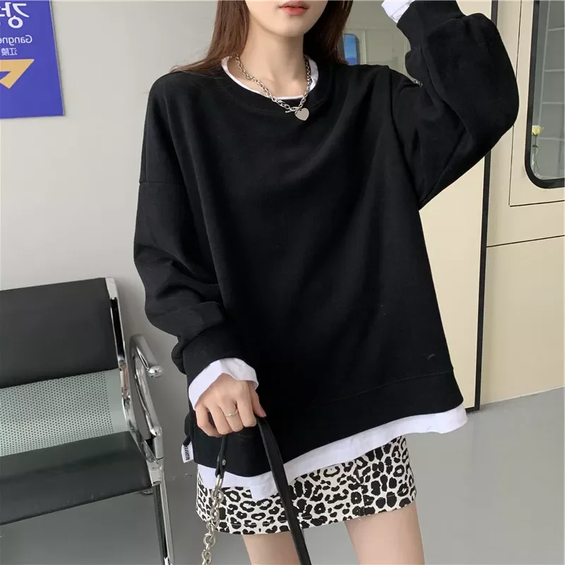 

Gothic tops traf roupas femininasHoodies Women autumn O-Neck solid patchwork Fake two sweatshirt casual cotton korean Pullovers