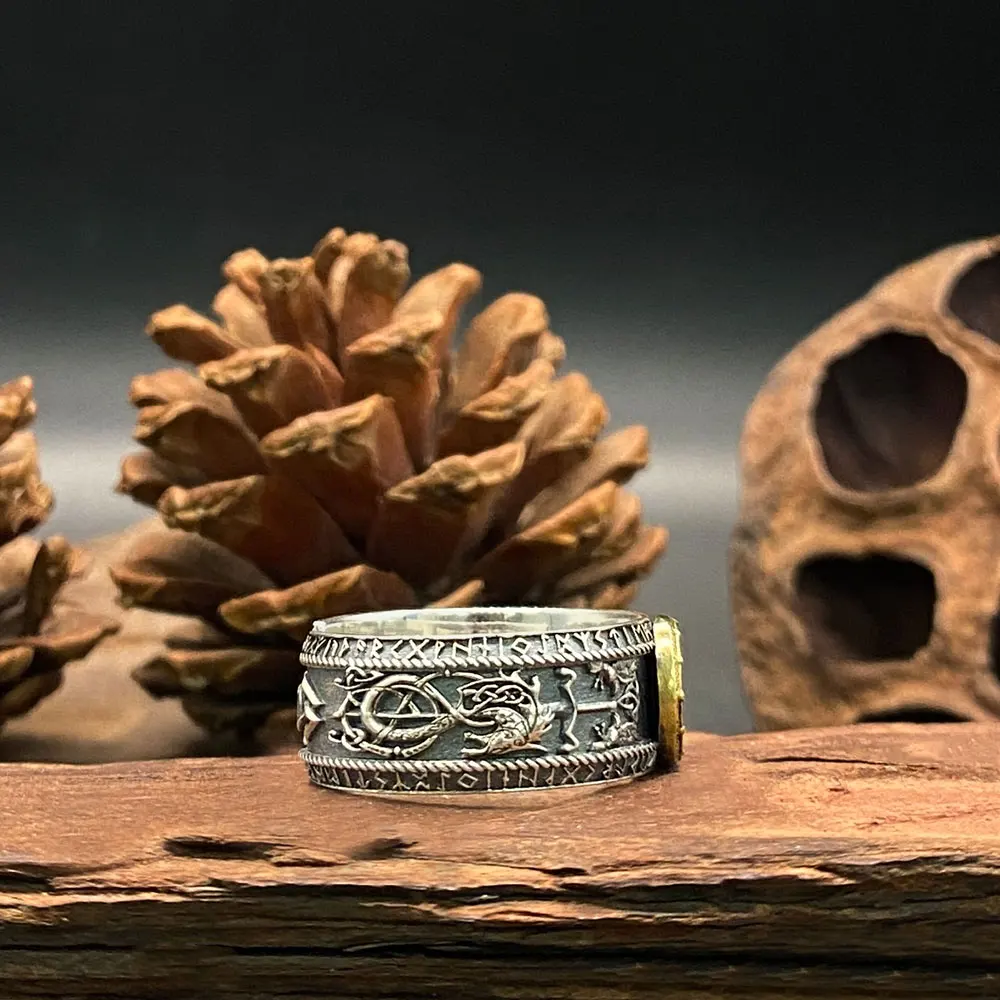 Мужское кольцо в виде здоровой руны серебро 925 пробы винтажное инкрустированное