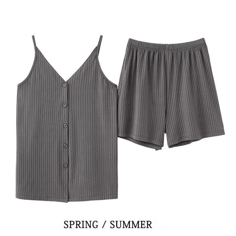 Simple Senior Sense Sleepwear Women Summer Casual Pajamas Cardigan Undershirt Doll Collar Suspenders Shorts Sexy Home Wear