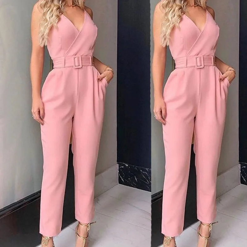 Women Holiday Casual Sleeveless Jumpsuits 2022 Summer Fashion Ladies Solid Color Bodysuit Straight Pink Long Pants Trousers