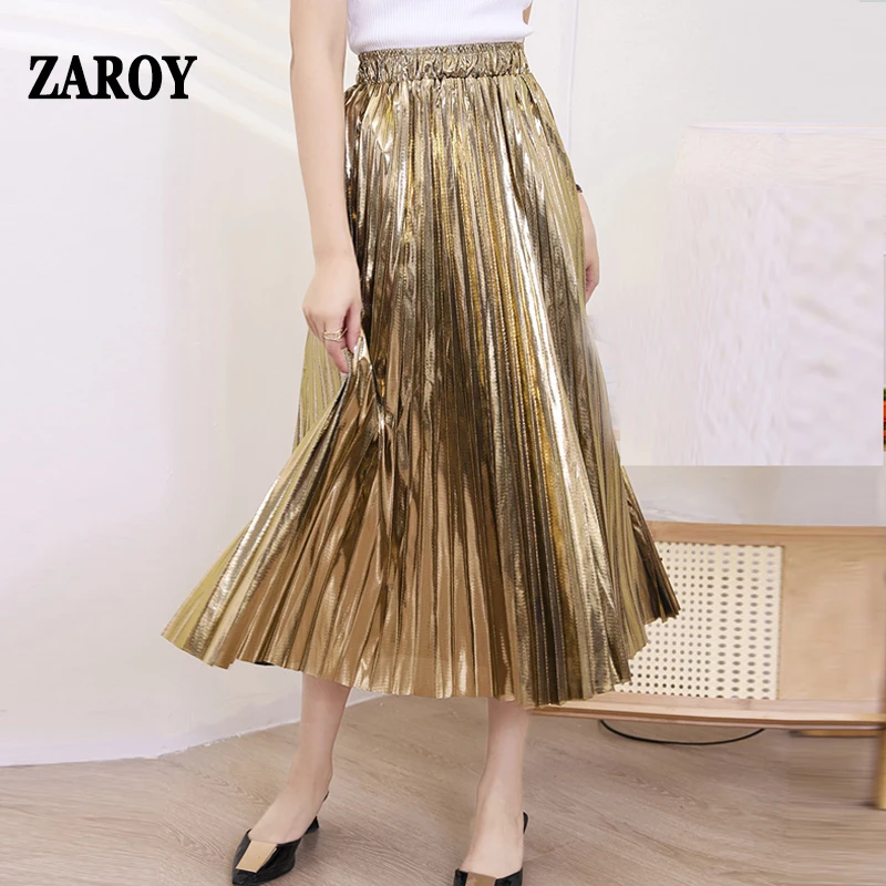 

ZAROY юбка faldas Elegant Women y2k Mid-Calf Pleated Skirt High Waist A-line Loose Solid Golden Ankle Length Soft Lady Dating