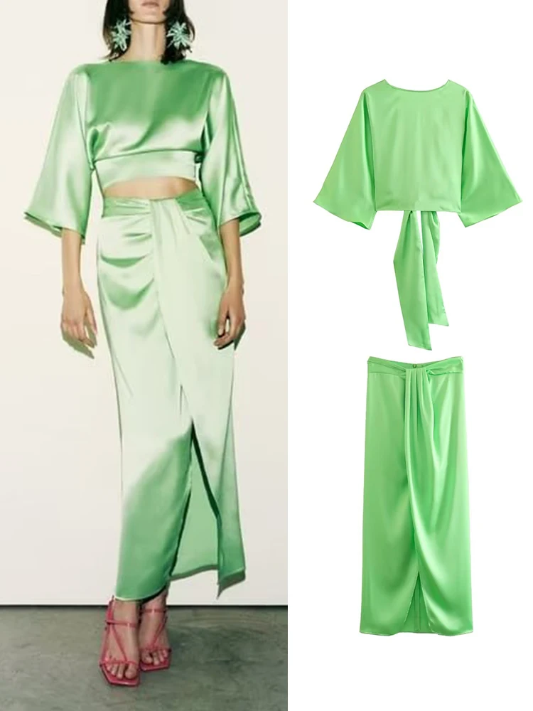 

Женский комплект из двух предметов, Зеленая Атласная Блузка и юбка с высокой талией, лето 2023