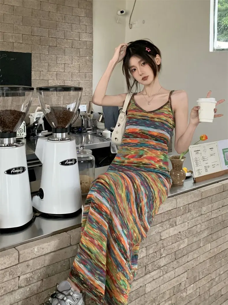 Французская Летняя мода новый дизайн нишевое приталенное платье с радужными