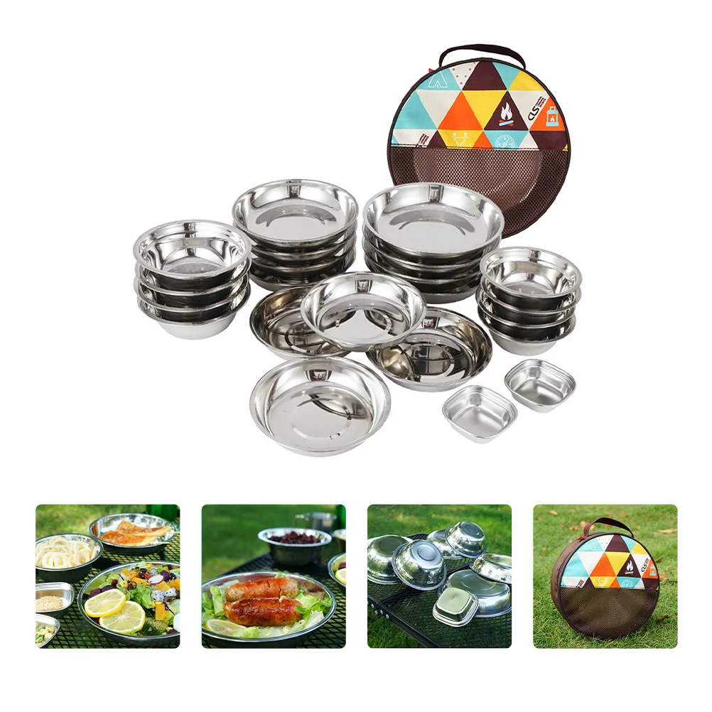 

1 Set Stainless Steel Camping Cookware Plates Cups Compact Outdoor Cook Set For Camping Hiking Picnic
