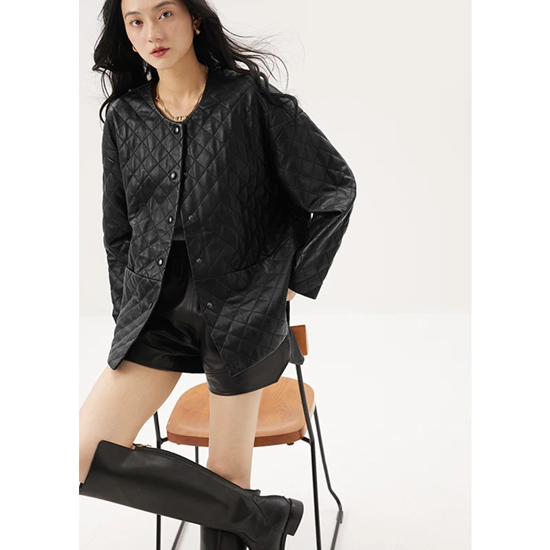 Design Fashion High Quality Luxury  Covered Button  Pockets  Autumn/Winter  Real Leather Jacket Women Sheepskin O-Neck Coats