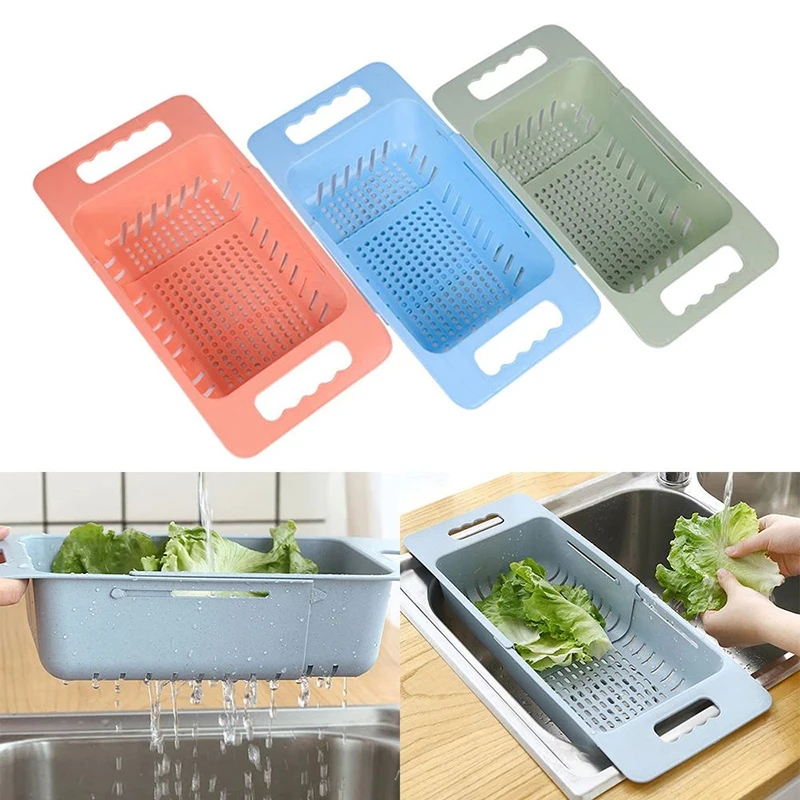 

Vegetable Fruit Fruits Drainer Basket Strainer Sink Drain Rack Adjustable Retractable Drying Racks Double Drain Storage Basket