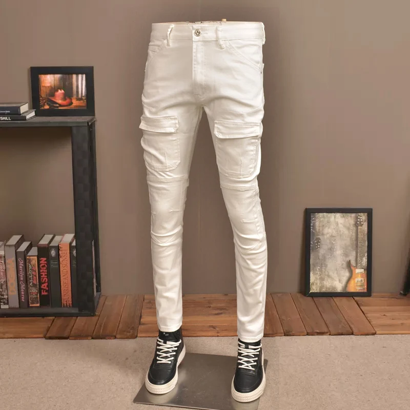 Street Fashion Men Jeans White Elastic Skinny Fit Spliced Biker Jeans Homme Pockets Designer Hip Hop Pants Men Stretch Trousers