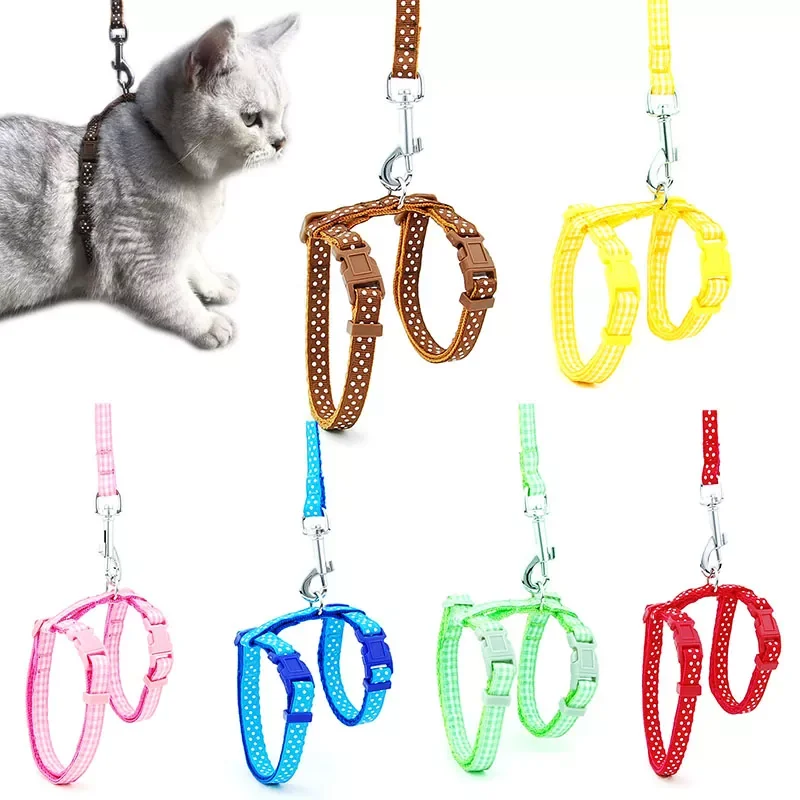 

2022New Dot And Plaid Cat Pet Collar Harness Leash Adjustable Nylon Kitten Puppy Halter Collar Dog Pet Harness Belt