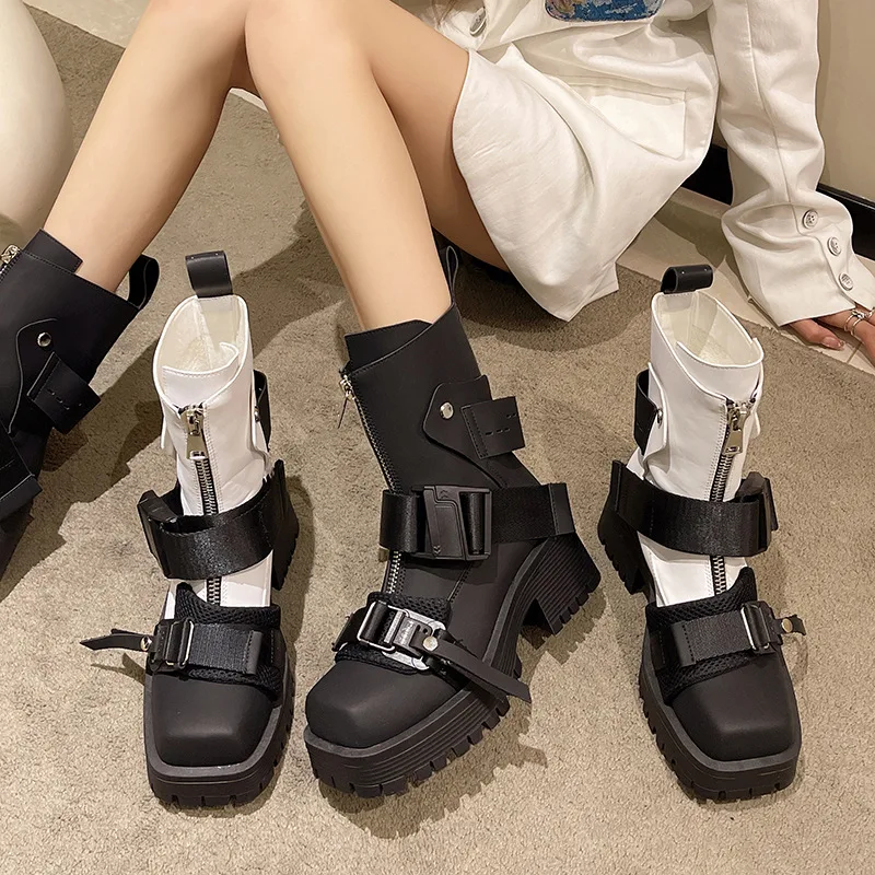 Internet Hot Short Autumn and Winter 2022 New Thick Bottom Chunky Heel Small Skinny Square Toe Women's Chelsea Boots