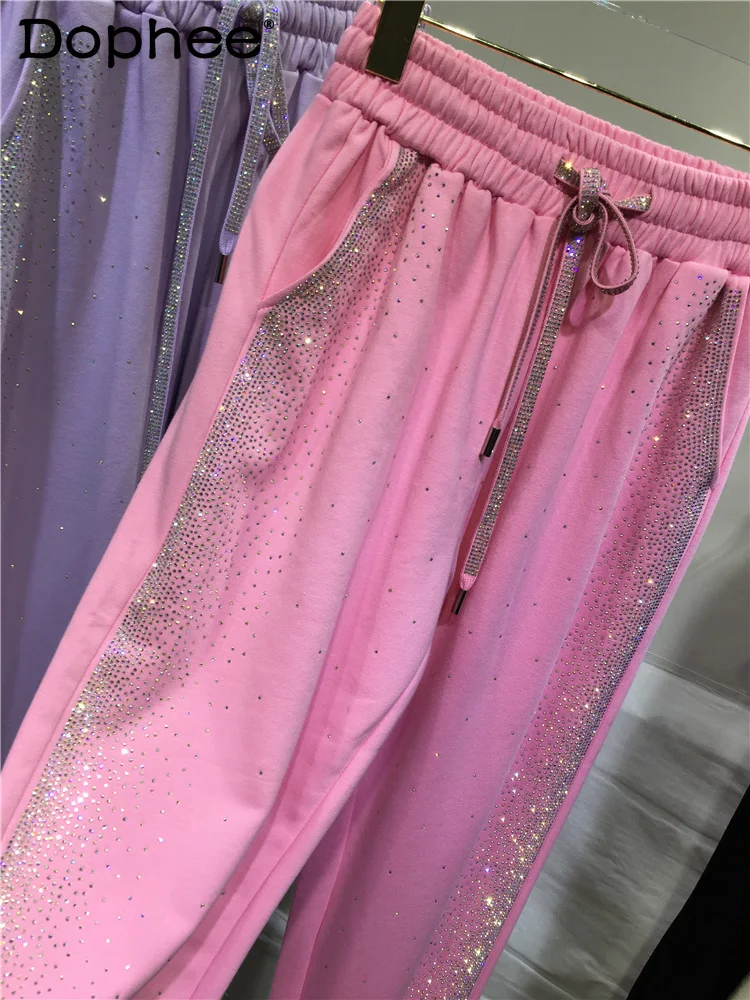 Hot Rhinestones Sweatpants for Women Casual Colorful Elastic Waist Loose Casual Pants 2022 Spring Summer Pink Harem Hoodie Pants