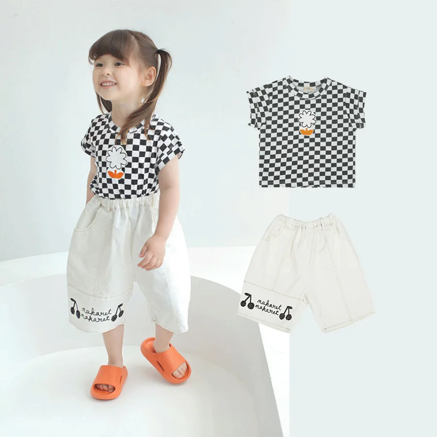 

Girls T-shirt 2022 Summer New Black And White Plaid Short-Sleeved Casual Fashion White Shorts Girls Clothing Children's Clothing
