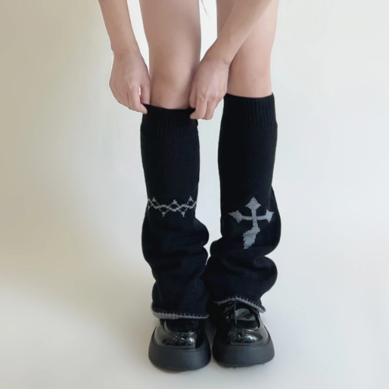 Y2k Girl Japanese Harajuku Leg Warmers Gothic Black Lady Knit Leg Warmer with Cross 2022 Sutumn Korean Chic Mujer Knitted Sock