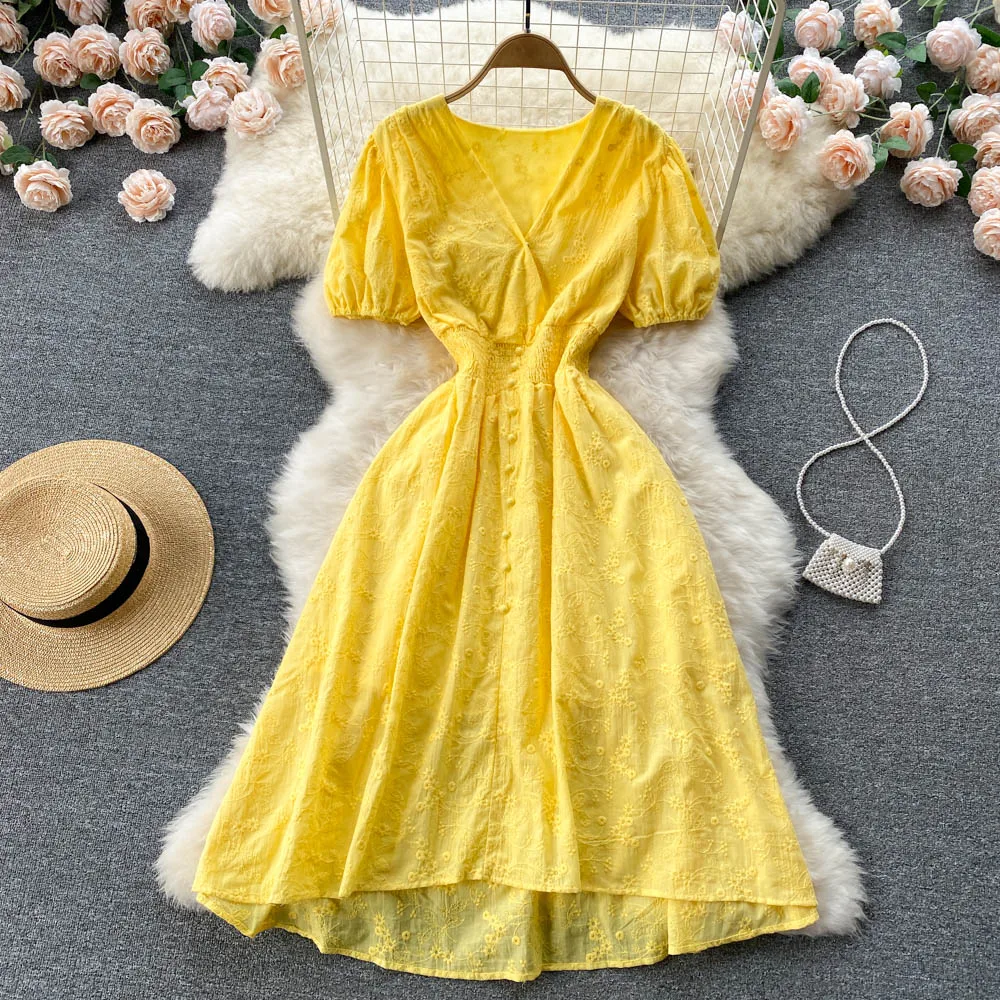 

Women New Fashion Summer V-neck Short Sleeve Elegant A-line Dress Korean Vintage Solid Color Clothing Vestidos De Mujer D749