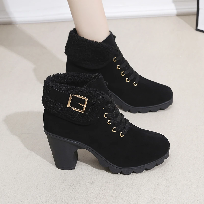 

Women's Warm High Heel Boots 2023 Winter Fashion Cross Straps Short Boots Designer Waterproof Platform Shoes Zapatos De Mujer