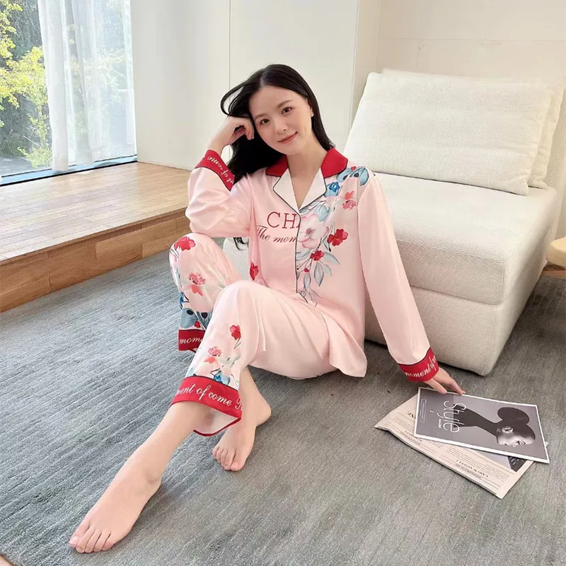2023 New Women's Spring Pajamas Suit Women's Thin Ice Silk Home Wear Long-Sleeved Trousers