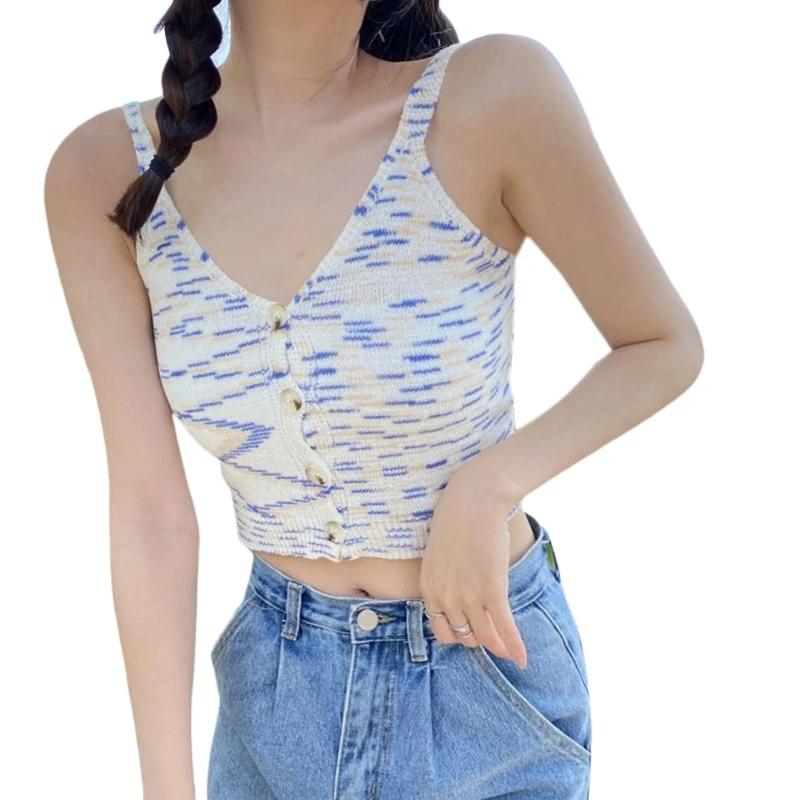 Женский трикотажный топ на бретелях-спагетти с пуговицами и глубоким V-образным