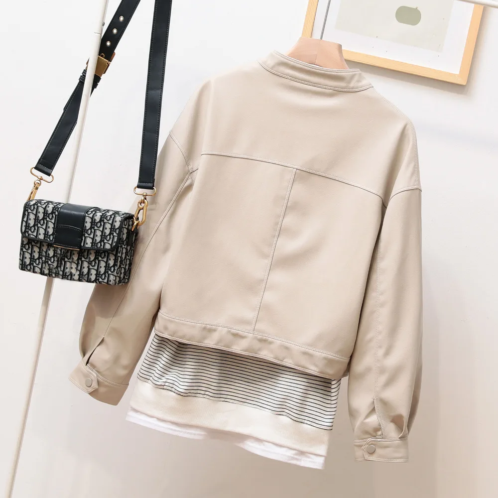 2023 autumn new stand-up collar short PU leather loose version of Haining leather jacket foreign style thin ladies tide coat