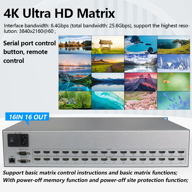 

Matrix Switch HDMI2.0 16x16 4K 60Hz HDCP2.2 Profesional Rack HDMI-compatible Splitter 16 in 16 out with HDMI Audio Video Switch