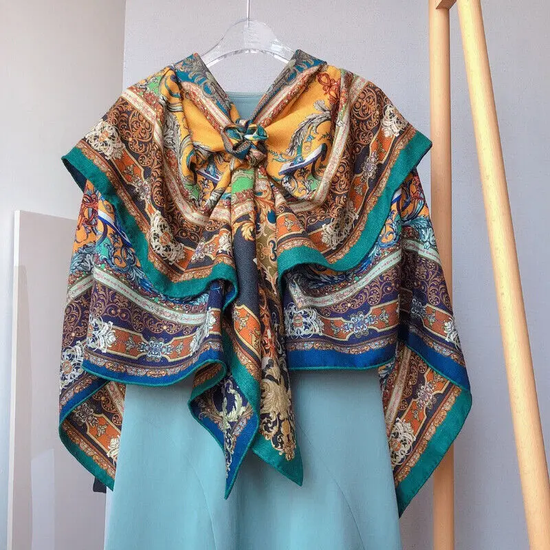 

Cashmere Silk Scarf Man Women Vintage Double-sided Floral Shawl Stole 135*135cm