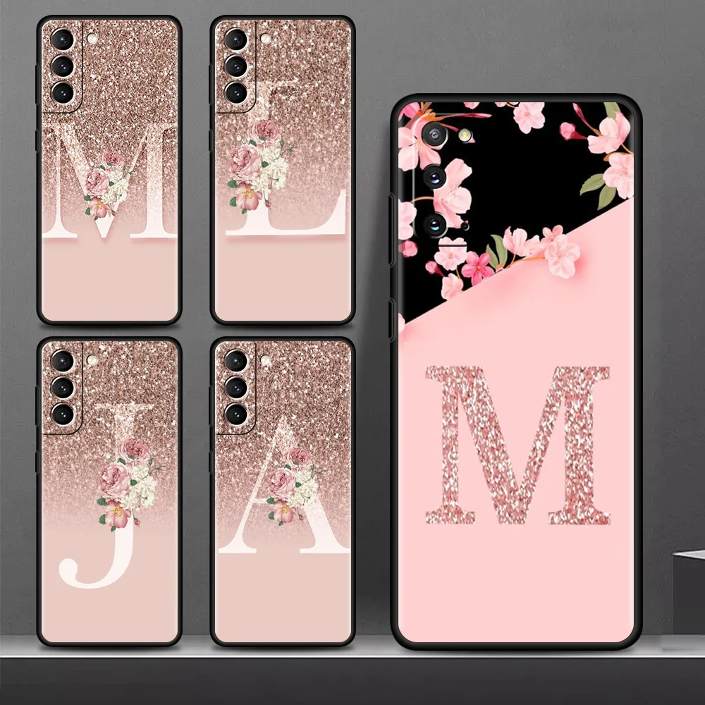 

Letter Pink Shiny M R Case For Samsung Galaxy S22 S20 FE S21 Plus Soft Phone Cover S10 S9 S8 Note 20 Ultra 10 Lite TPU Shell