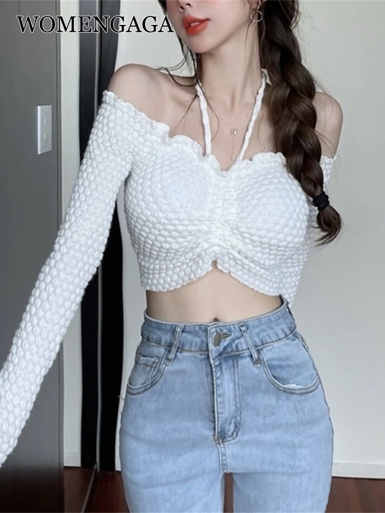 

WOMENGAGA Slash Neck Halter Short Top Women Spring Slim Long Sleeve T-shirt Dot Tops Hot Sexy Short Tees Kroean Women Q8ZL
