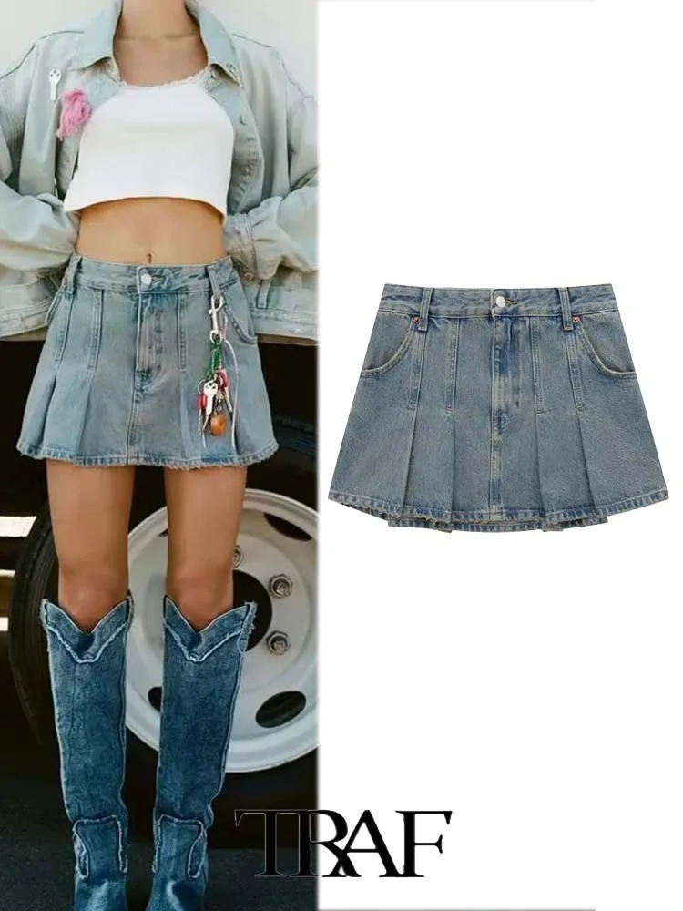 

TRAF 2023 Women New Fashion New Simple Daily Mini Wide Pleated Casual Denim Skirt Female Side Skirts