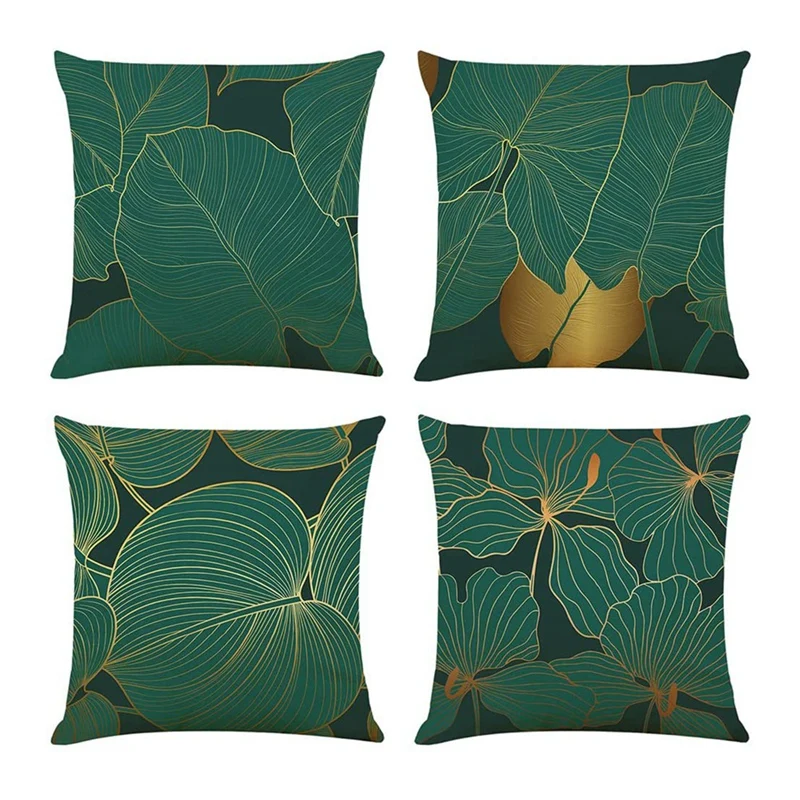 

4Pcs Pillowcase Home Decor Pack Dark Green And Gold Leaf Cushion Cover For Outdoor Terrace Garden Sofa Upholstery