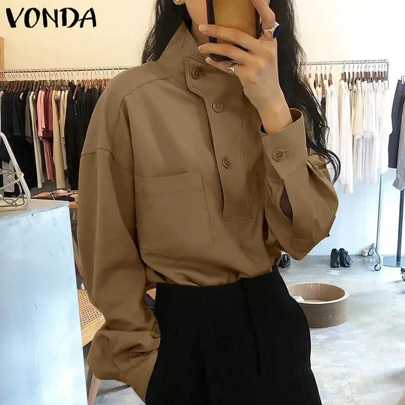 

Women Blouses VONDA 2022 Ladies Long Sleeve High Neck Solid Tops Stand Collar Button Up Blusas Femininas Loose Streetwears