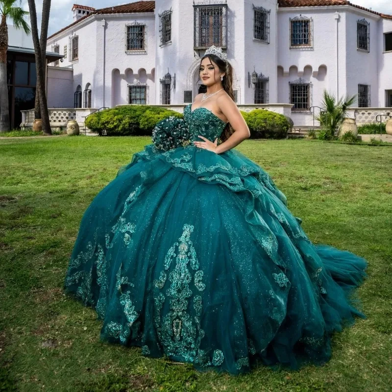 

Teal Princess Quinceanera Dresses Ball Gown Sweetheart Tulle Appliques Sweet 16 Dresses 15 Años Mexican
