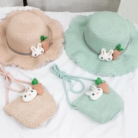 large wide brim kids sun hat for women girls cute rabbit straw hat handbag beach sun protection floppy bucket cap shoulder bag