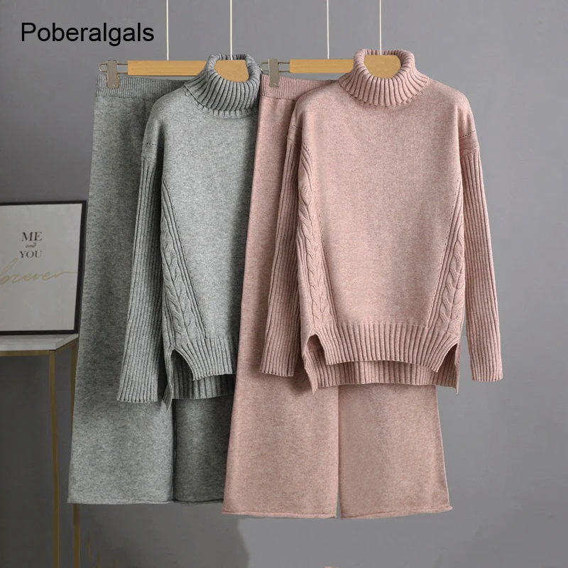 Winter Thick Women Suits two Piece Set Loose Turtleneck twist Pullover Sweaters And Long Knitted wide leg pants sets Sportsuits